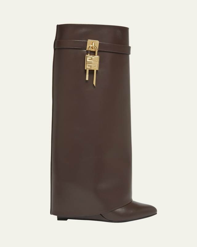 4G Shark Lock Leather Foldover Wedge Boots